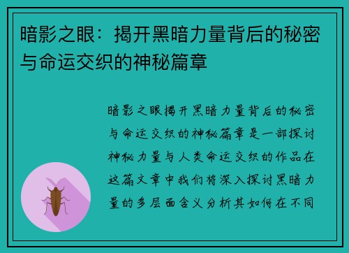 暗影之眼：揭开黑暗力量背后的秘密与命运交织的神秘篇章